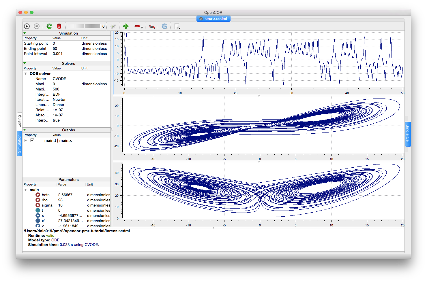 Screenshot illustrating the results of executing the Lorenz attractor simulation experiment in OpenCOR.