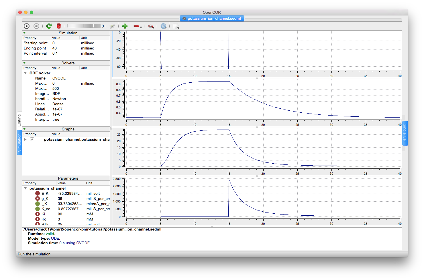 Screenshot illustrating the results of executing this potassium simulation experiment in OpenCOR.